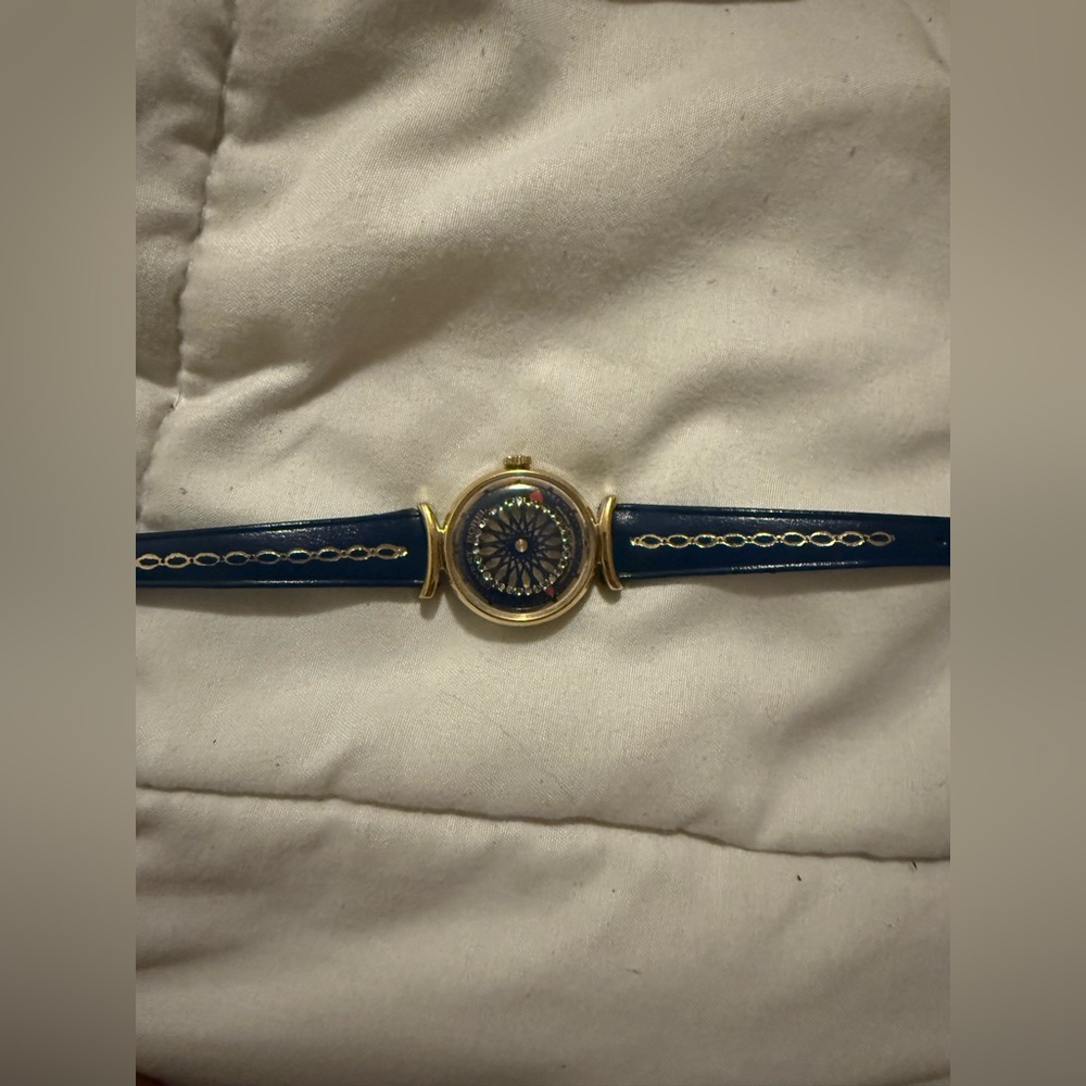 Women's Blue Leather Gold Accent Compass Bracelet Watch